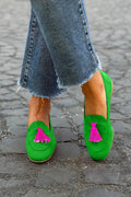 Antonia | Loafer in Grün mit fuchsiafarbenen Fransen