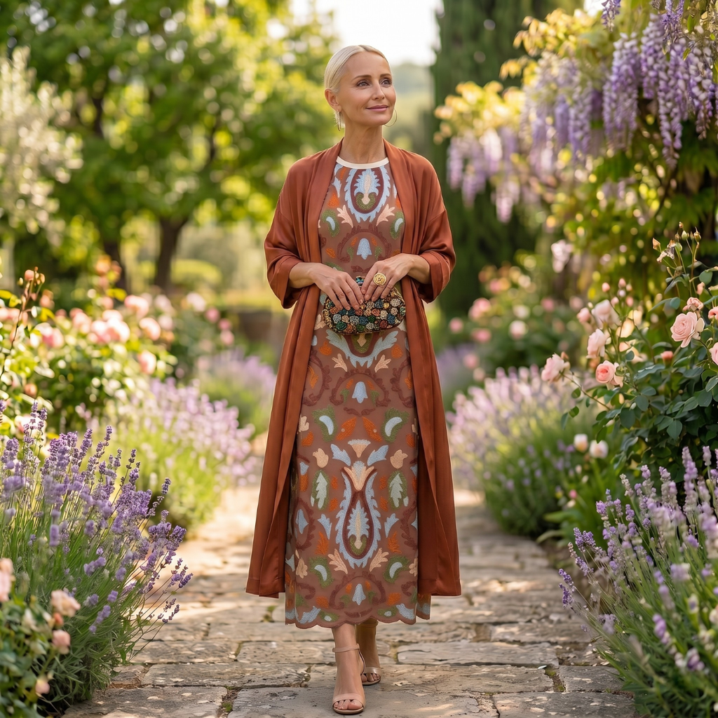 Aura | Abito Lungo Stampato con Gilet Coordinato