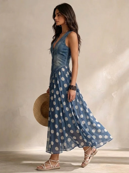Adeline | Langes Denim-Kleid mit Punkten