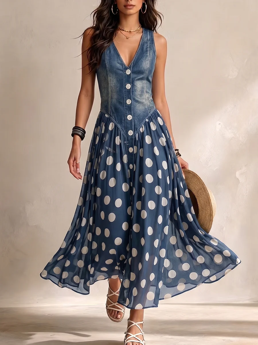 Adeline | Langes Denim-Kleid mit Punkten