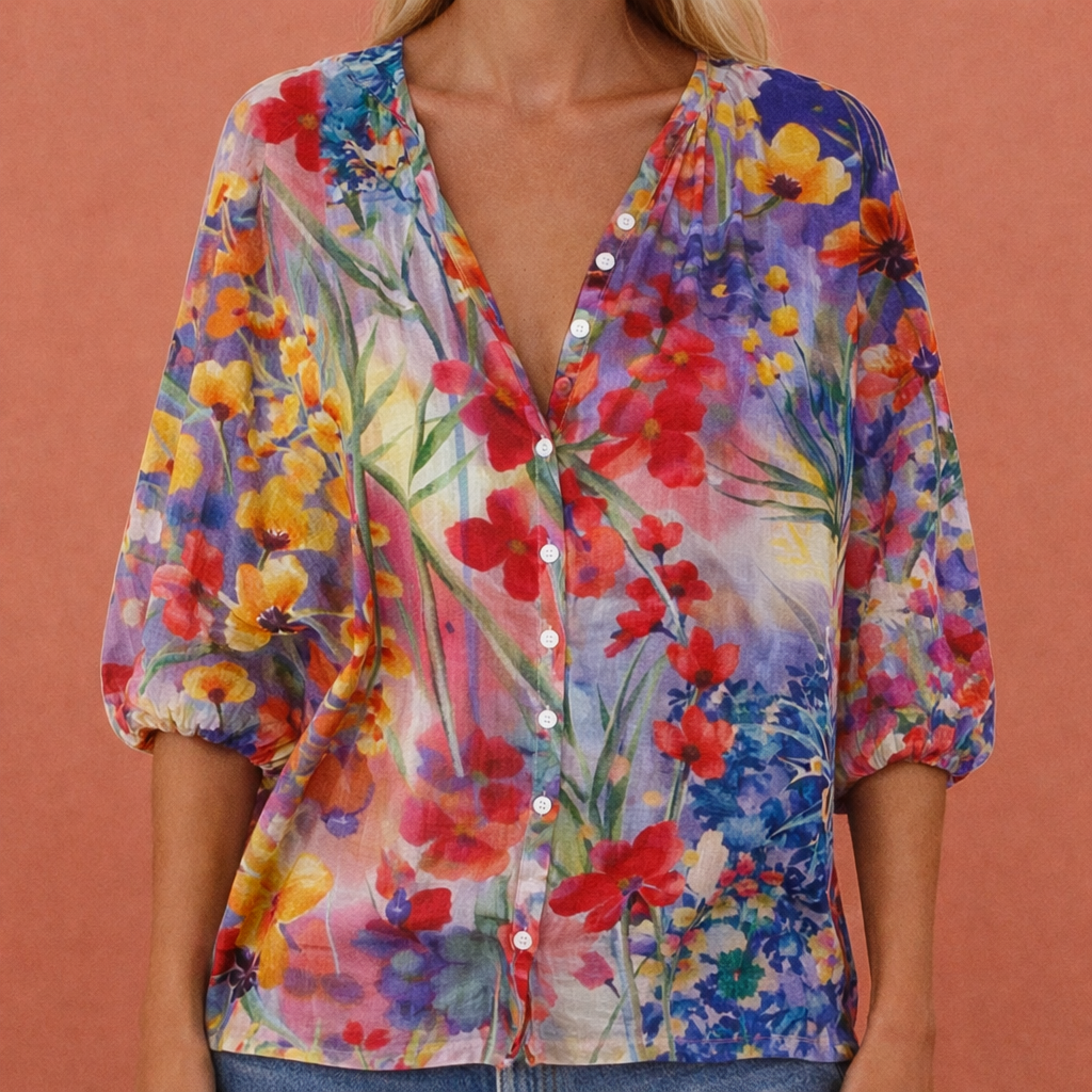 MIREYA | Bedruckte Bluse mit V-Ausschnitt und Knopfverschluss für Damen