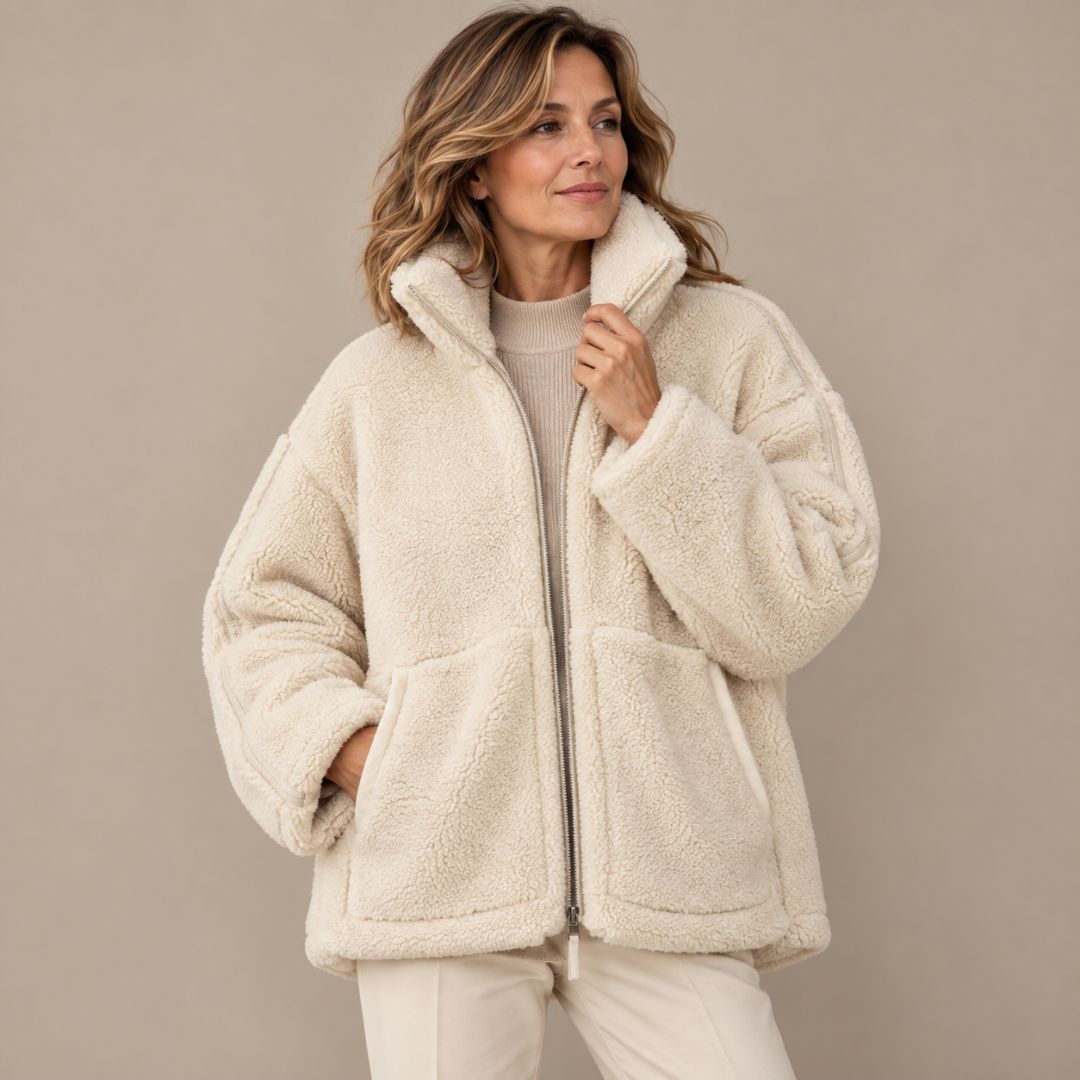 Celeste Luxe Teddy Coat – Oversized Shearling-Stil mit Stehkragen & Reißverschluss