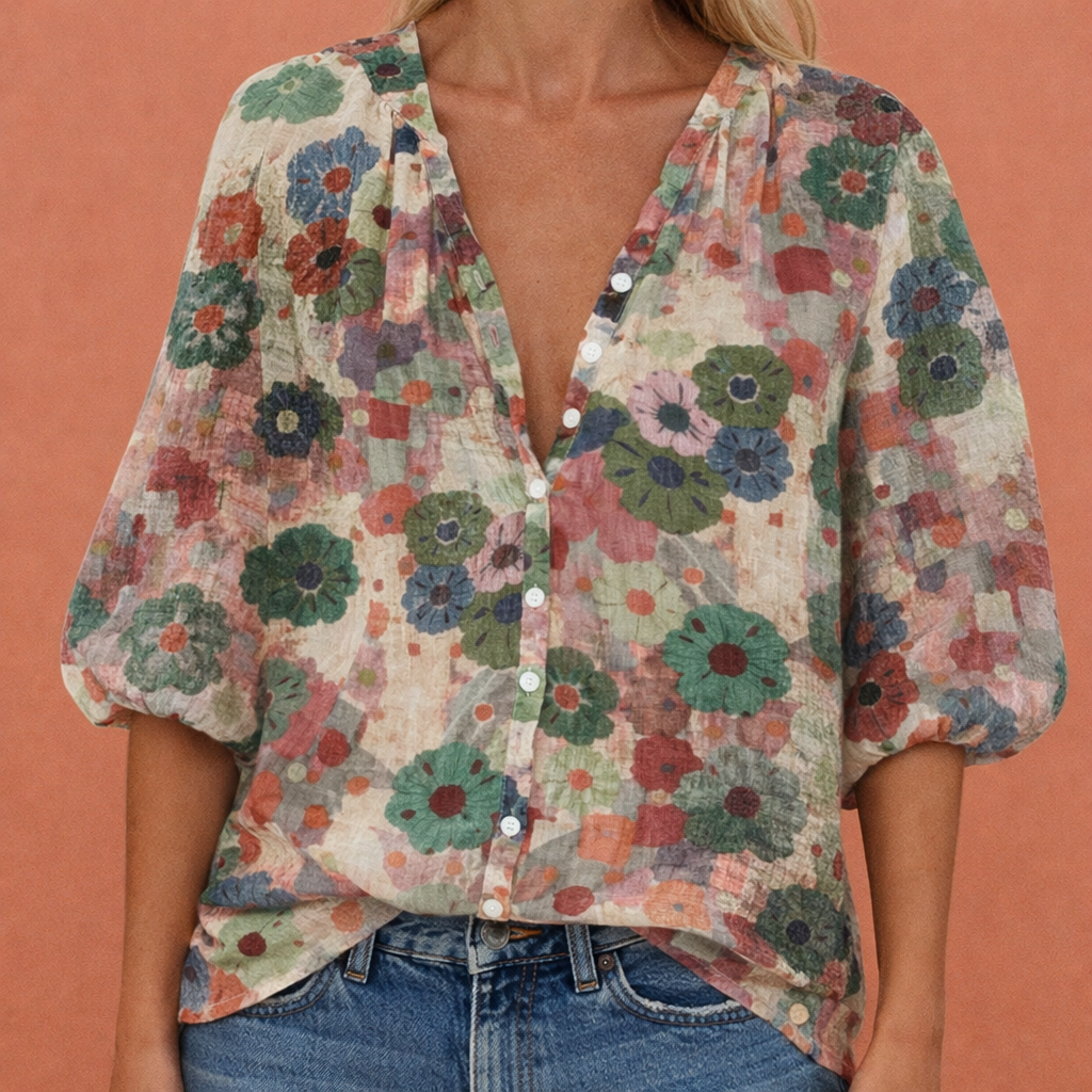 MIREYA | Bedruckte Bluse mit V-Ausschnitt und Knopfverschluss für Damen