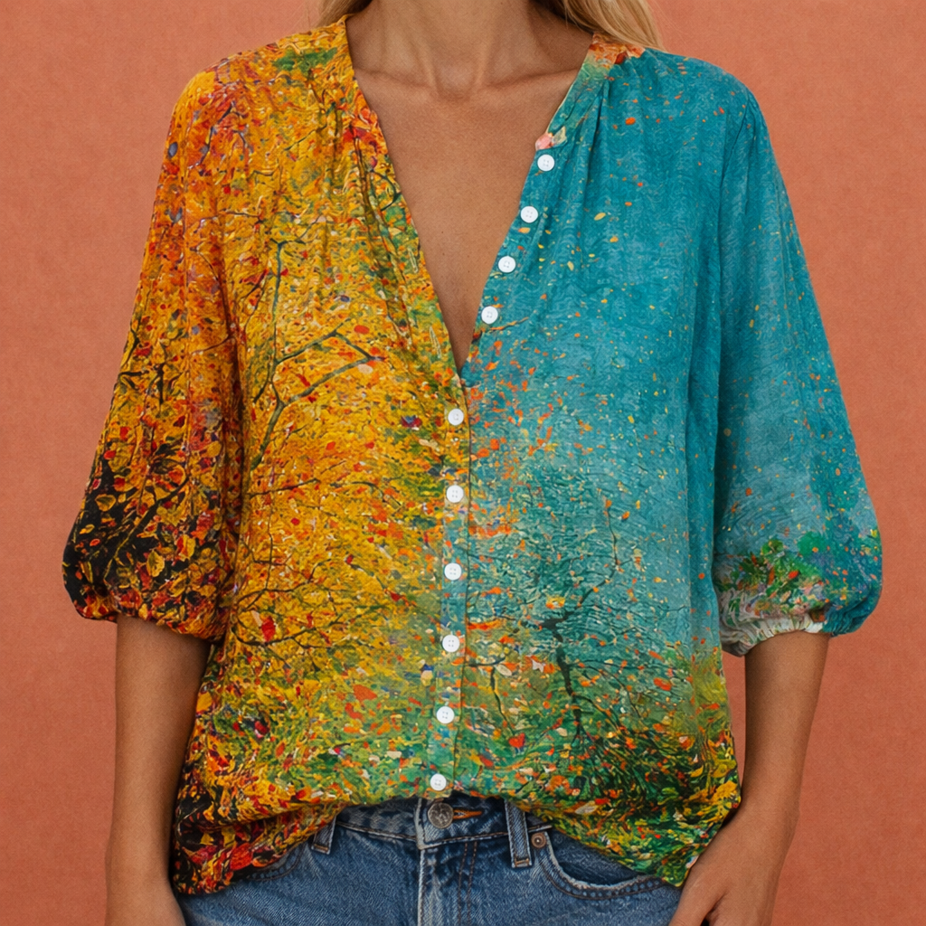 MIREYA | Bedruckte Bluse mit V-Ausschnitt und Knopfverschluss für Damen