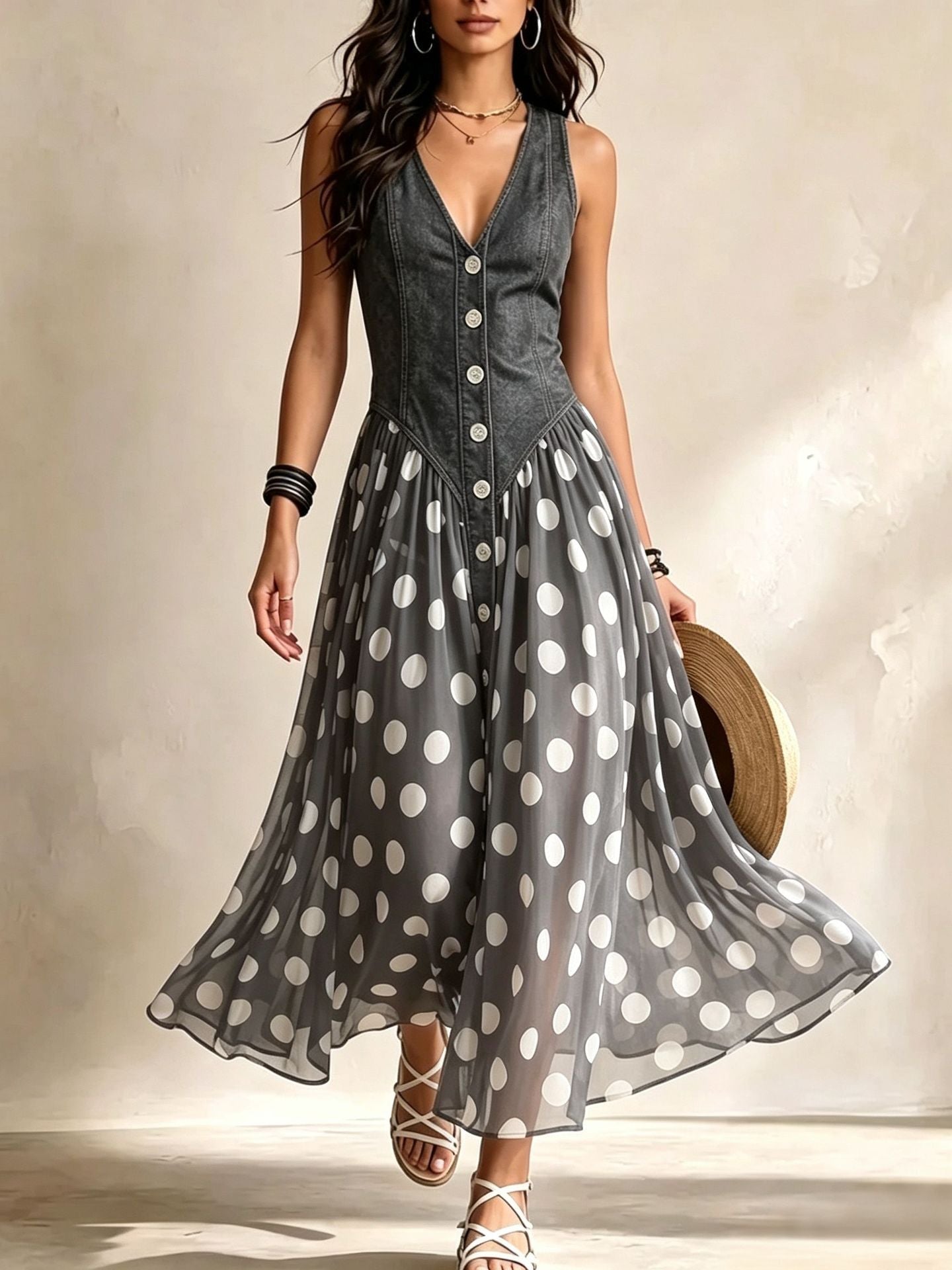 Adeline | Langes Denim-Kleid mit Punkten