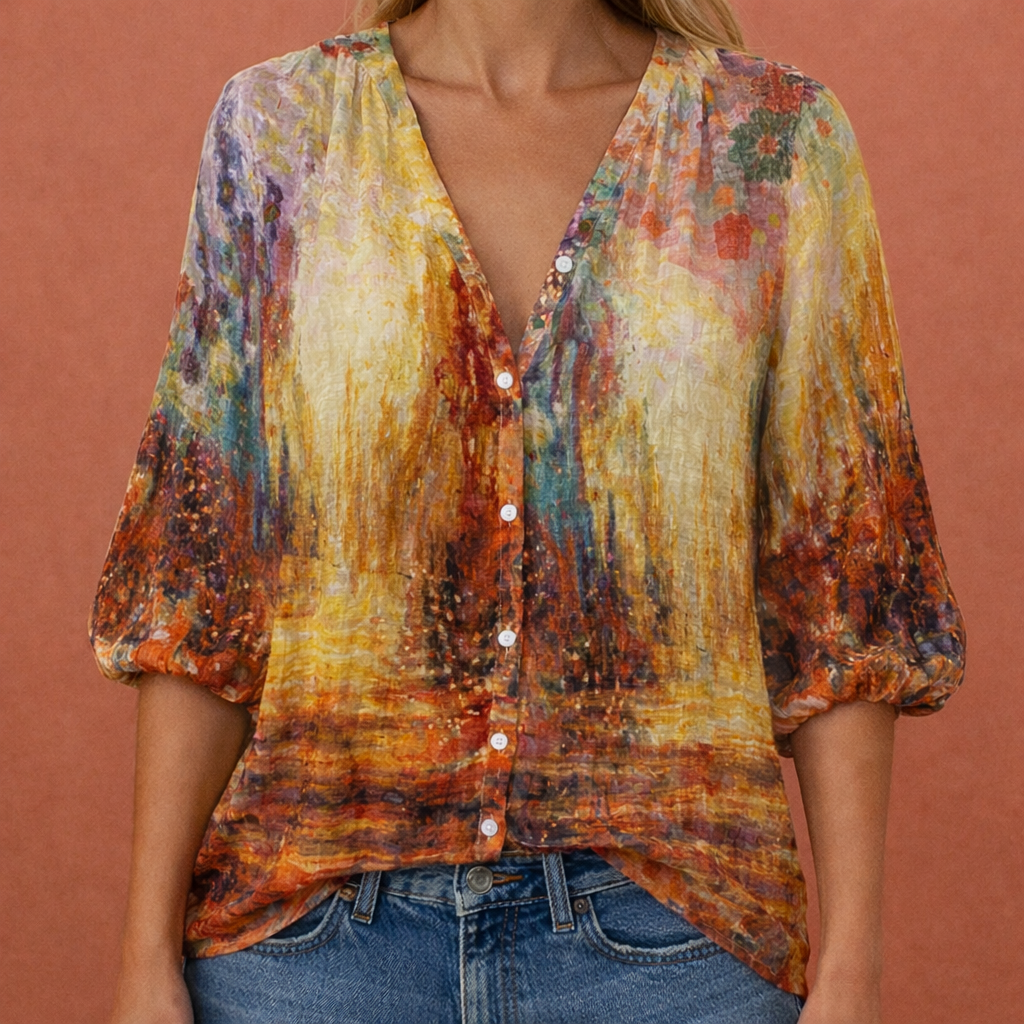 MIREYA | Bedruckte Bluse mit V-Ausschnitt und Knopfverschluss für Damen