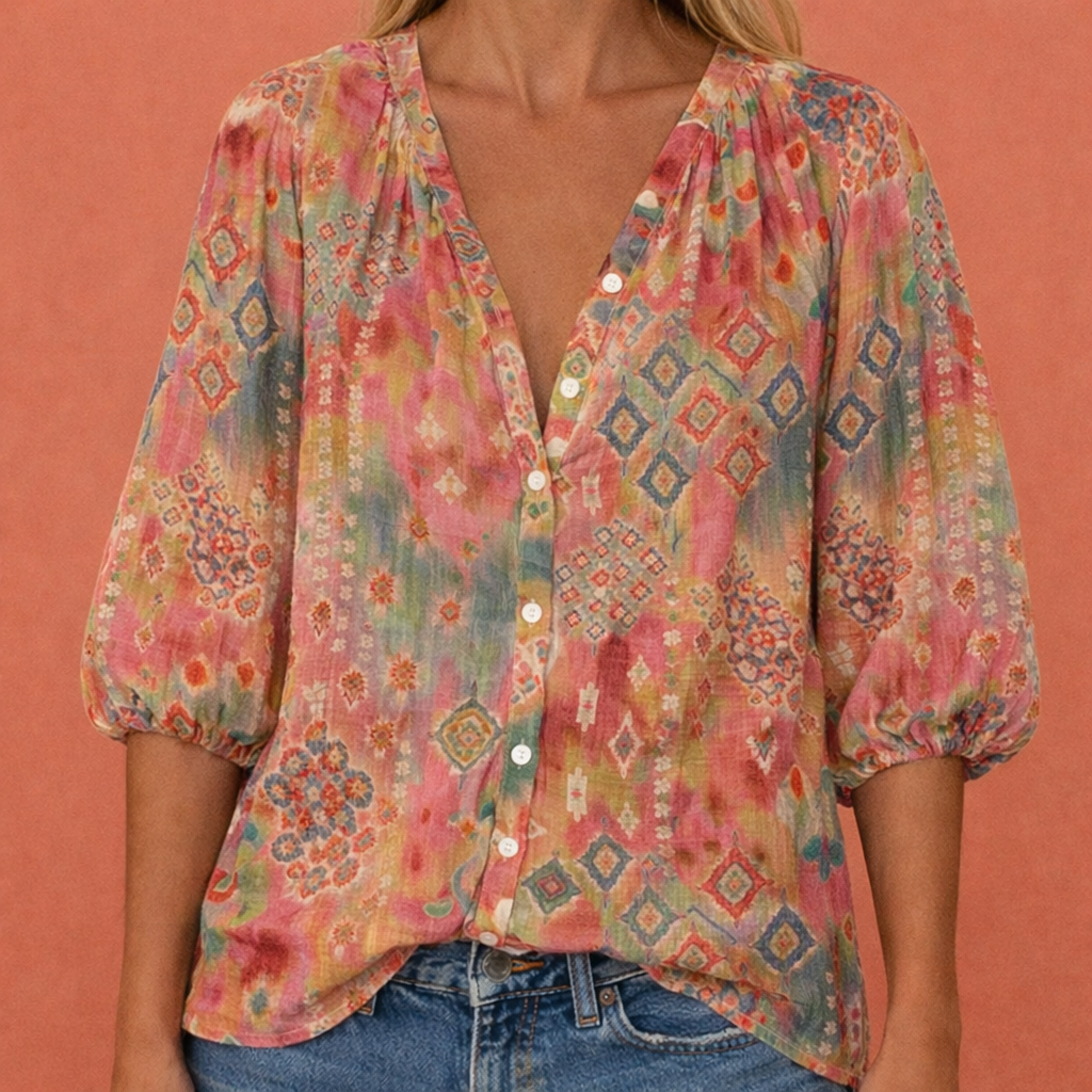MIREYA | Bedruckte Bluse mit V-Ausschnitt und Knopfverschluss für Damen