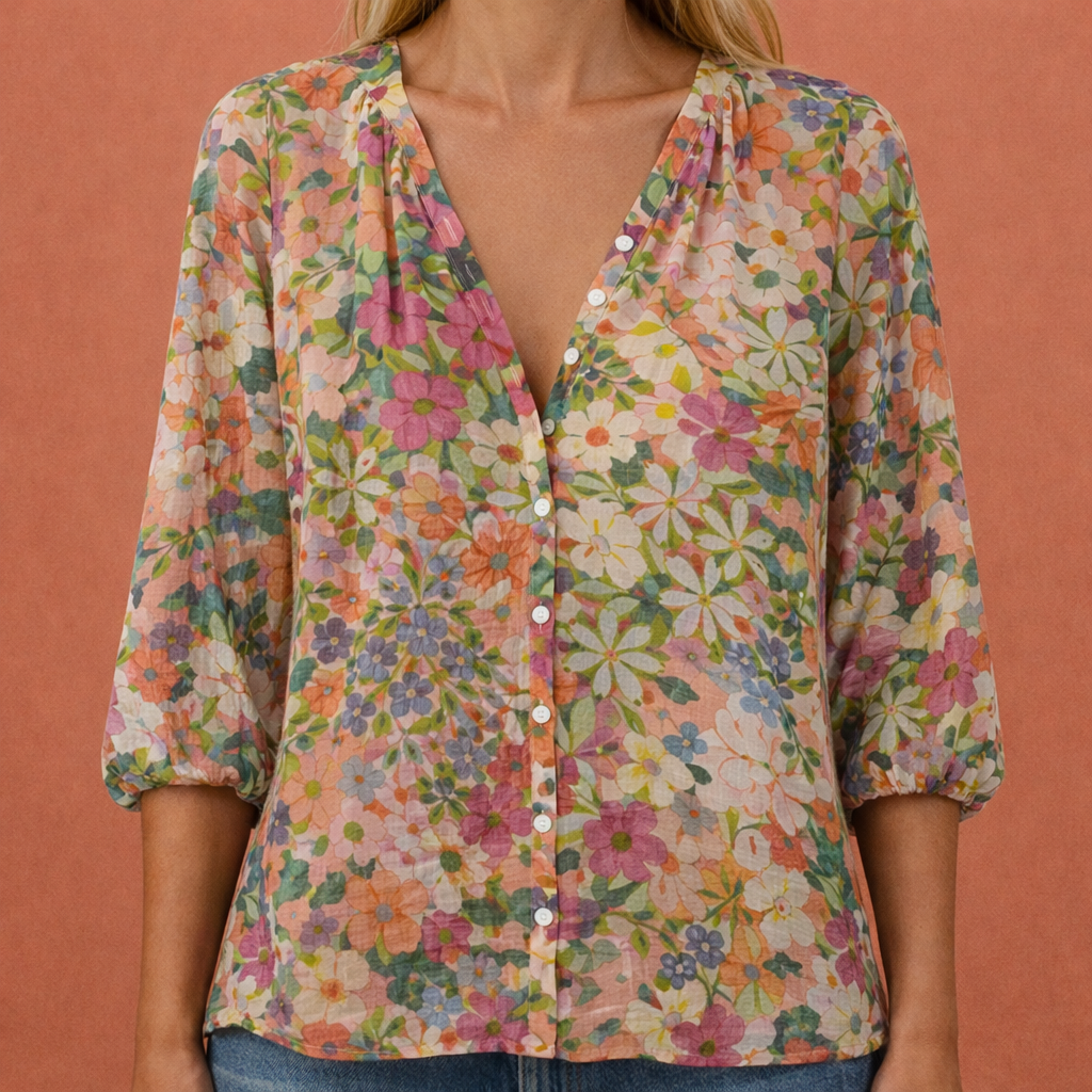 MIREYA | Bedruckte Bluse mit V-Ausschnitt und Knopfverschluss für Damen