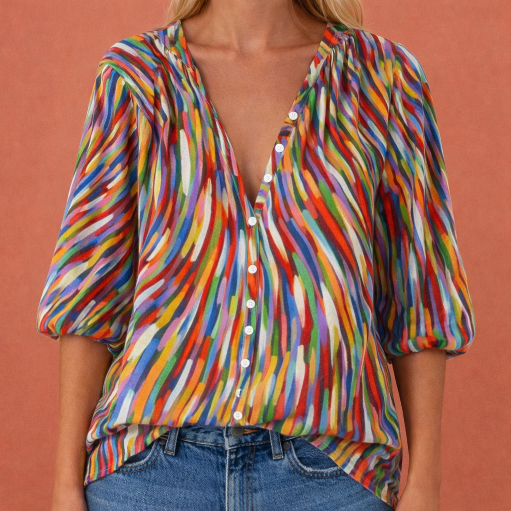 MIREYA | Bedruckte Bluse mit V-Ausschnitt und Knopfverschluss für Damen