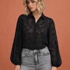 SORAYA | Transparente schwarze Bluse mit floralen Stickereien für Damen