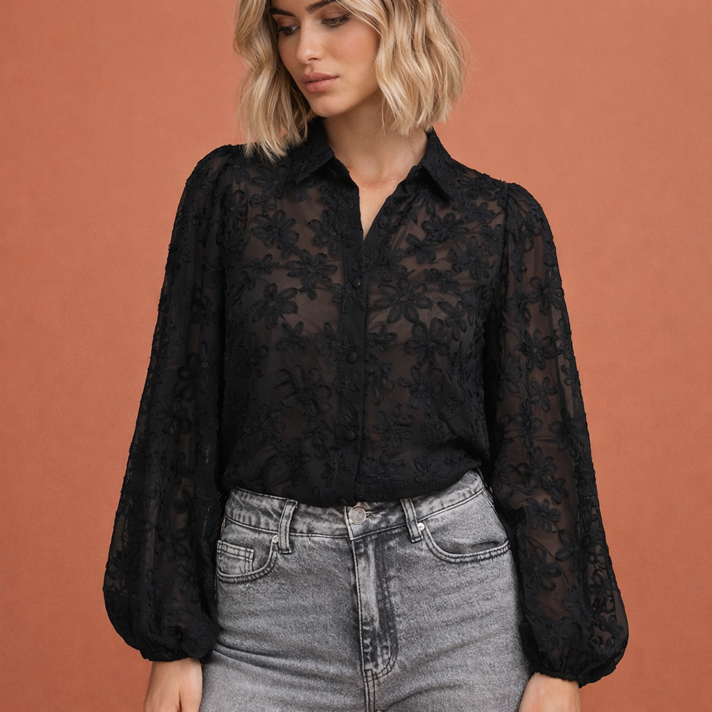 SORAYA | Transparente schwarze Bluse mit floralen Stickereien für Damen
