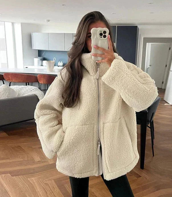 Celeste Luxe Teddy Coat – Oversized Shearling-Stil mit Stehkragen & Reißverschluss