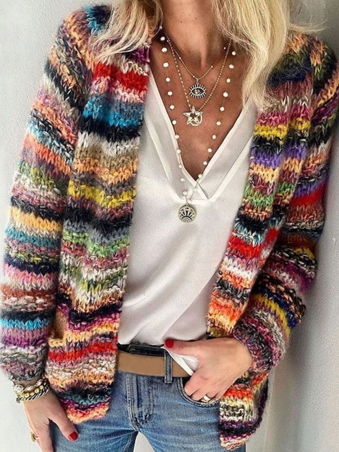 Damen Gestrickte Strickjacke – Multicolor Cardigan, Lässig für Herbst und Winter