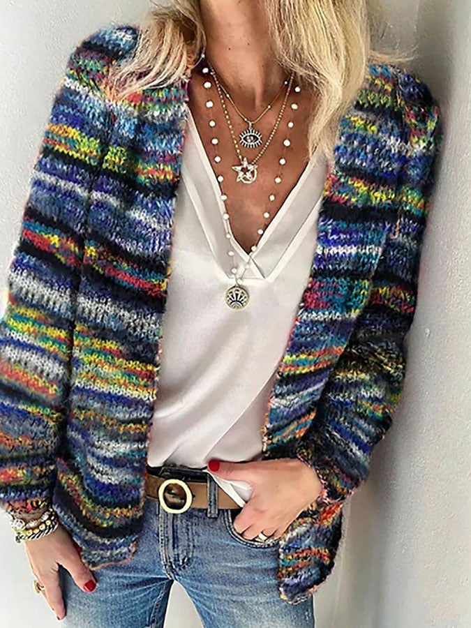 Damen Gestrickte Strickjacke – Multicolor Cardigan, Lässig für Herbst und Winter